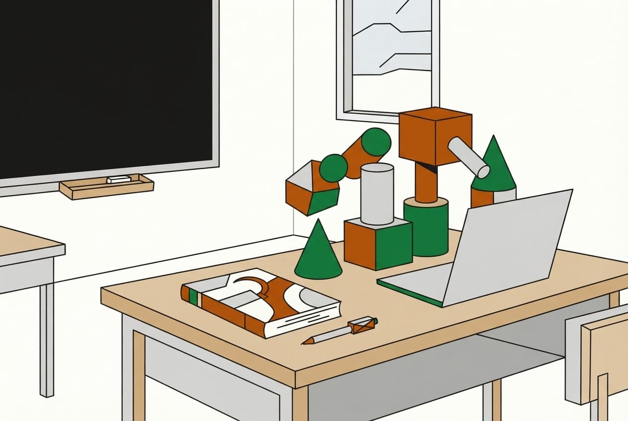 Flat illustration of Textbook, Chalkboard, Pen, School desk, Sickle shape