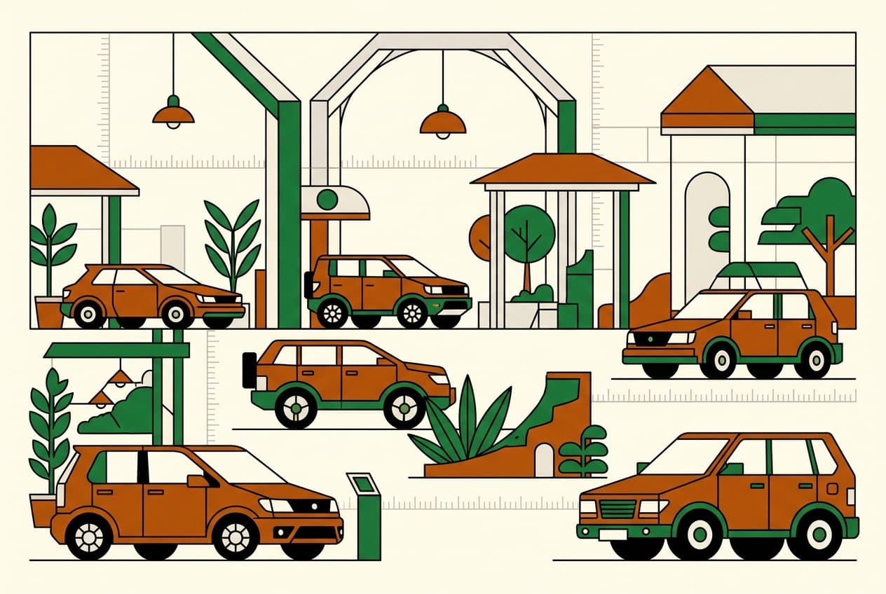 Flat illustration of Accra with Zonda Tech Auto Show, local assembly plants, manufacturing facilities, symbolizing economic growth and job creation.