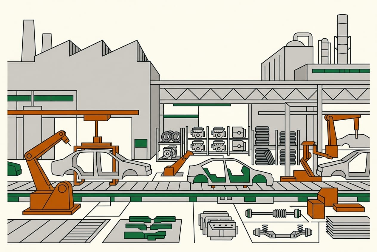 Flat illustration of an automotive assembly plant with various vehicle components being manufactured locally.