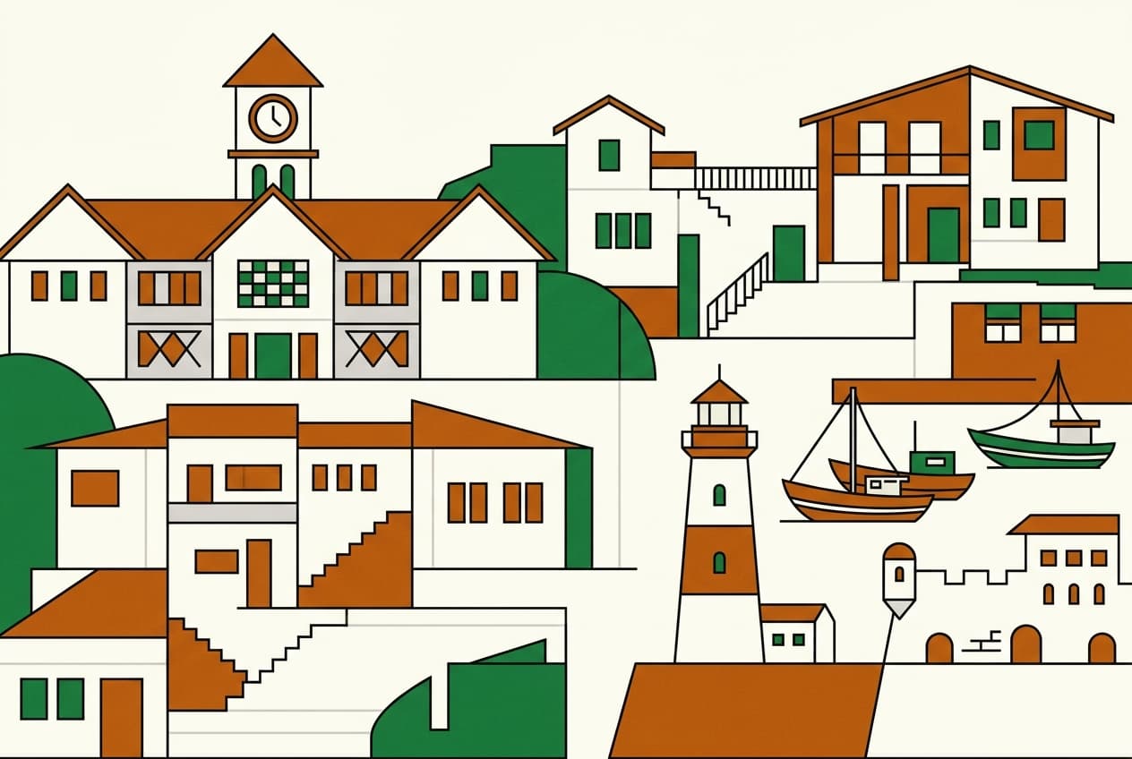 Flat illustration of a school building, a historic house, city streets, and a parade float.