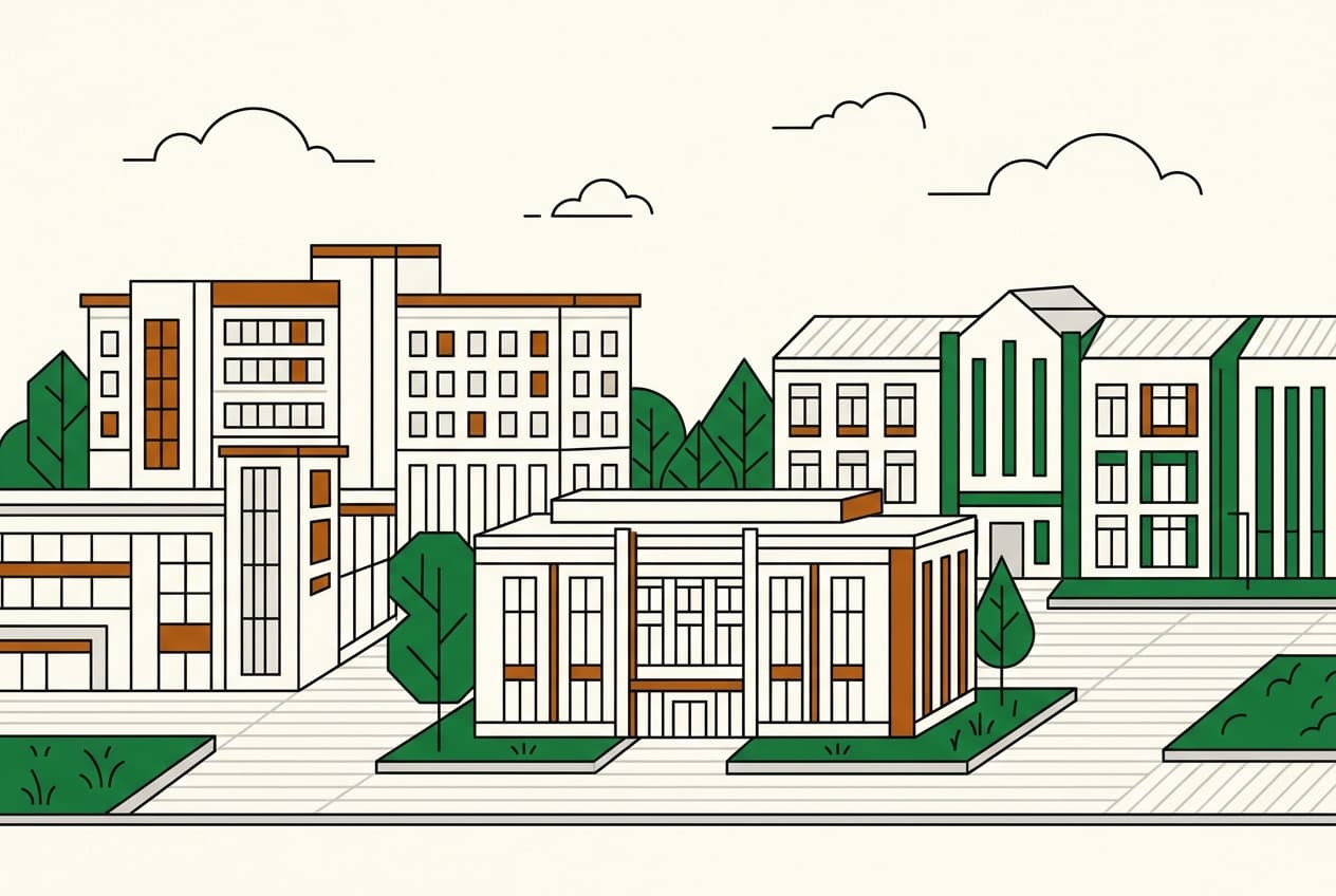 Flat illustration of a hospital building next to a university building, with an administration building in the background.