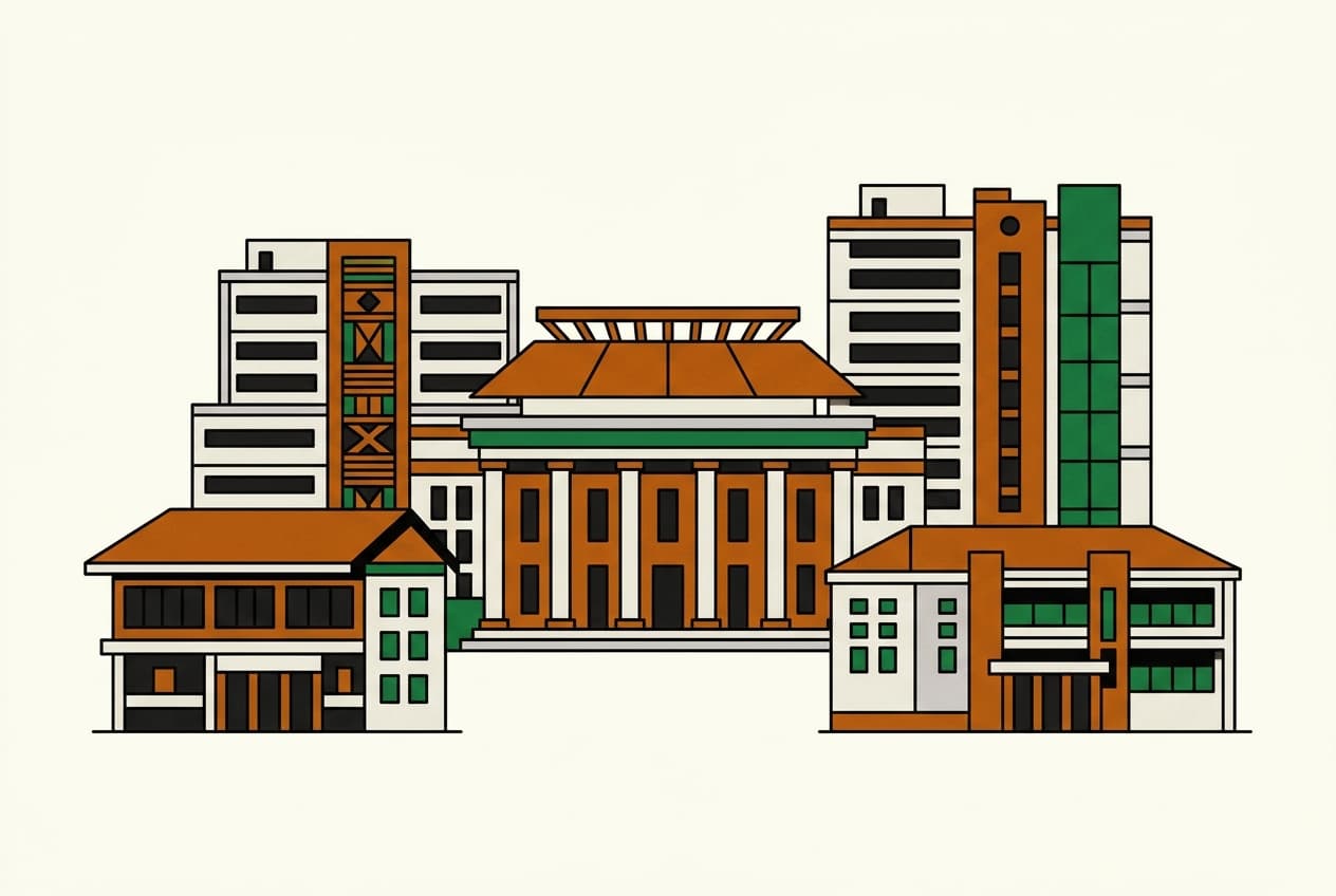 Flat illustration of government office buildings in Accra, featuring interconnected structures and surrounding green areas.