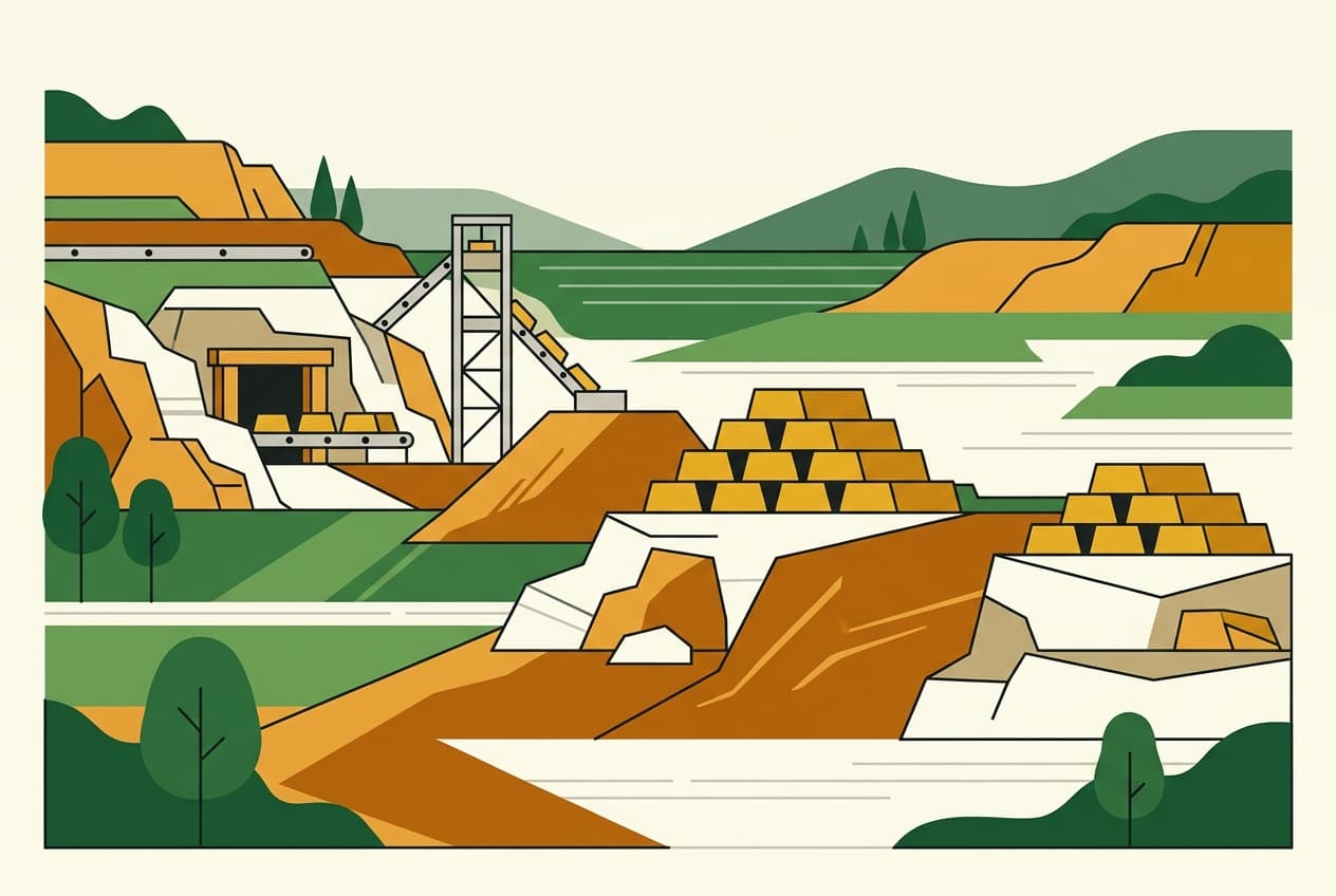 Flat illustration of stacked gold bars, a mine entrance, and a natural landscape.