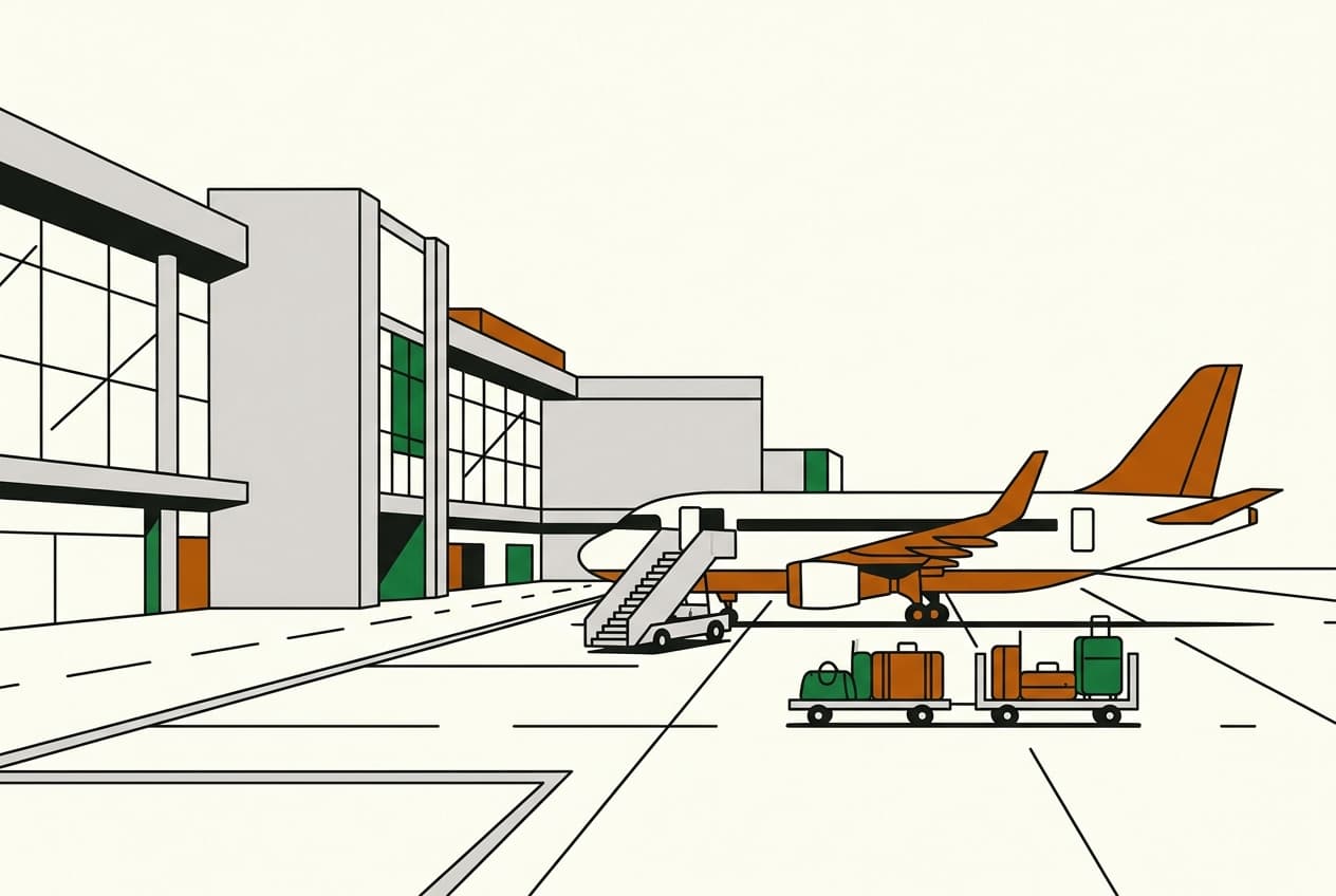Flat illustration of an airport tarmac with an airplane, luggage, and terminal building.