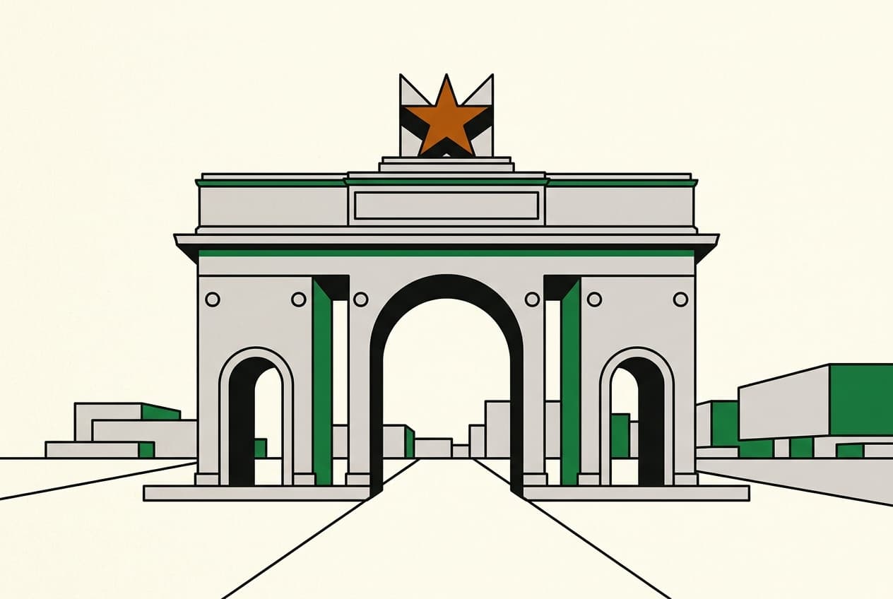 Flat illustration of Parliament House and Black Star Gate, symbolizing national representation.