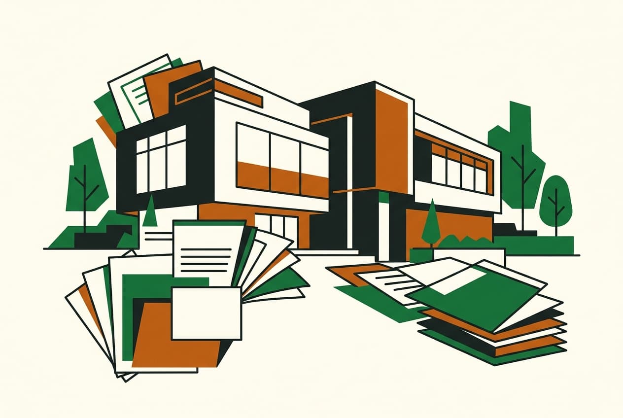 Flat illustration of a Scholarship Secretariat building and scholarship documents.